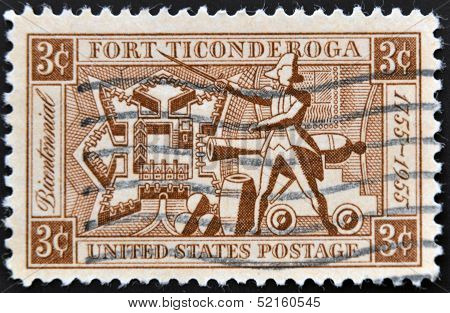United States Of America - Circa 1955 : A Stamp Printed In The Usa Shows Fort Ticonderoga