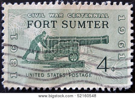 A stamp printed in the USA shows Civil War Centennial Fort Sumter