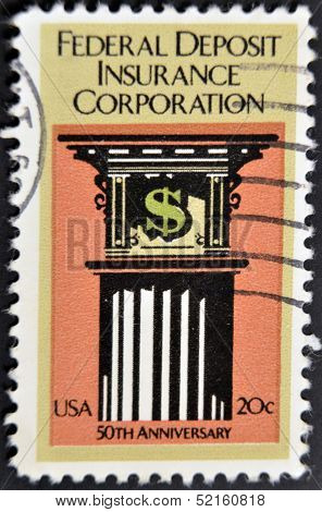 stamp shows image commemorating the 50th anniversary of the Federal Deposit Insurance Corporation