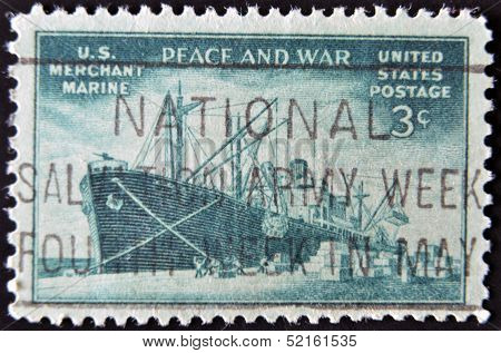 United States - Circa 1945: A Stamp Printed In Usa Dedicated To U.s. Merchant Marine, Peace And War