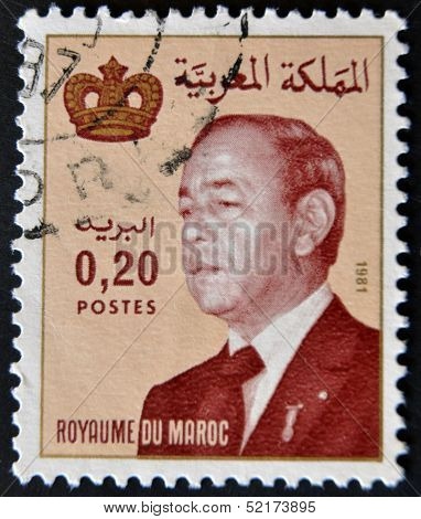 A stamp printed in Morocco shows King Hassan II (Moulay Hassan II Muhammad ben Yusuf)