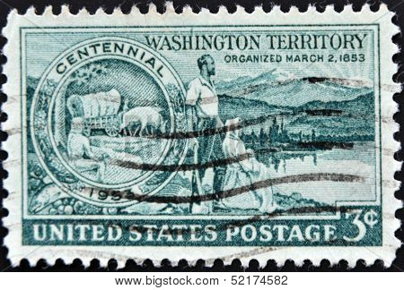 Stamp Printed In United States, Shows Medallion Pioneers And Washington Scene