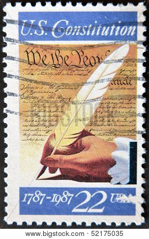 A Stamp Printed In Usa Shows Image Of The Dedicated To The U.s. Constitution 1787-1987