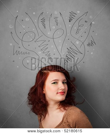 Pretty young woman deciding with sketched arrows over her head