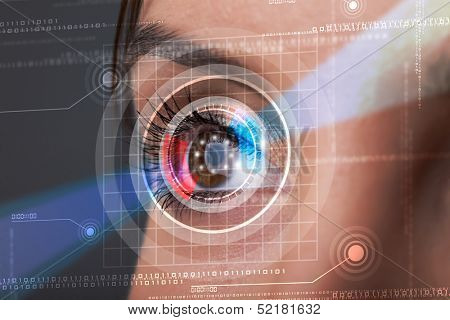 Modern cyber woman with technolgy eye looking