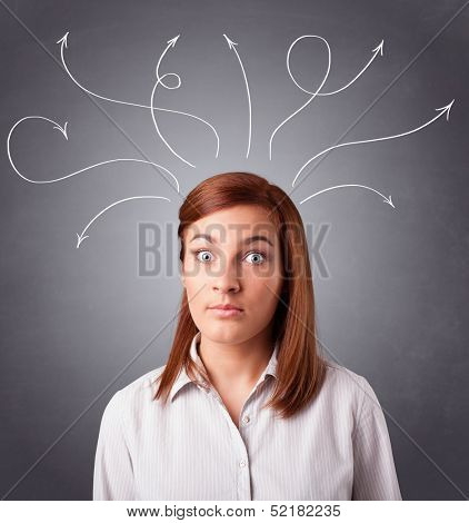 Pretty young girl thinking with arrows overhead