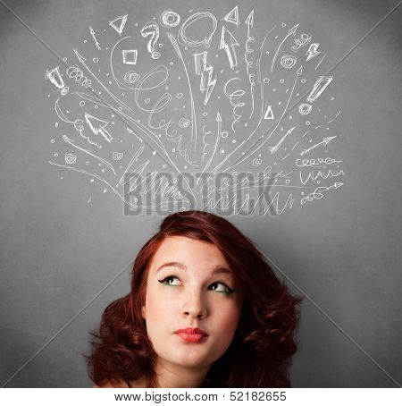 Pretty young woman with many sketched arrows pointed in different directions above her head