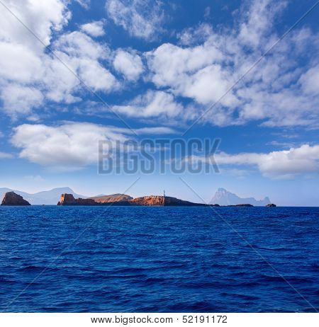 Ibiza Islas bledas Bledes islands with lighthouse from Mediterranean sea of Balearic Islands