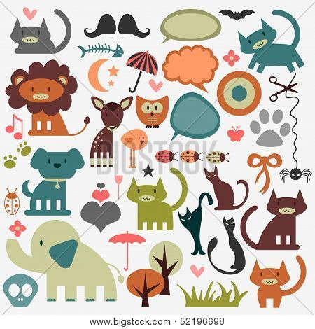 Cute animals and various elements set