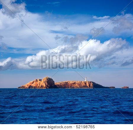 Ibiza Islas bledas Bledes islands with lighthouse from Mediterranean sea of Balearic Islands
