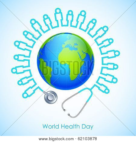 illustration of concept for World Health Day human icon stehescope around Earth