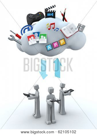 Teamwork cloud server and sharing concept 3d illustration