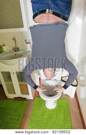 A man is standing upside down on the toilet bowl at inverted house