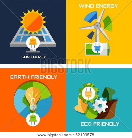 Set of flat design concepts - green energy. Solar panels, windmill, battery, light bulb, nature machine concept
