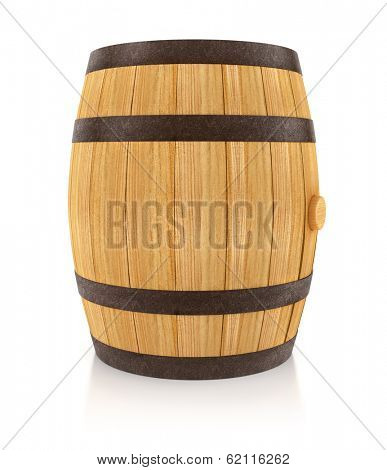 Wooden oaken barrel for beverages storing. 3d rendered illustration. Isolated on white background. Clipping path included