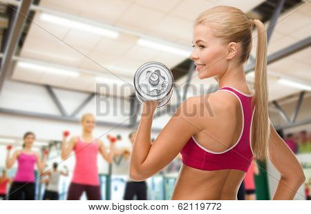 fintess, healthcare and dieting concept - young sporty woman with heavy steel dumbbell