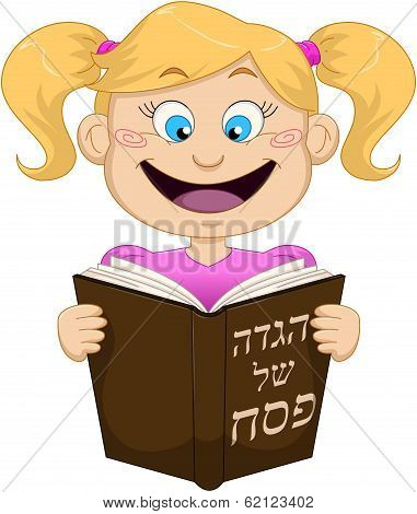 Girl Reading From Haggadah For Passover