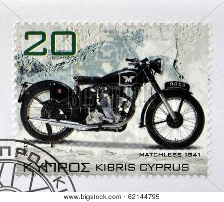 CYPRUS - CIRCA 2007: A stamp printed in Cyprus shows a motorbike Matchless 1941 circa 2007