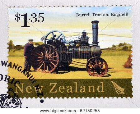 stamp printed in New Zealand dedicated to historic farm equipment shows Burrell Traction Engine