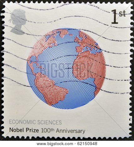stamp shows image of Earth commemorates the 100th anniversary of the Nobel Prize for Economics