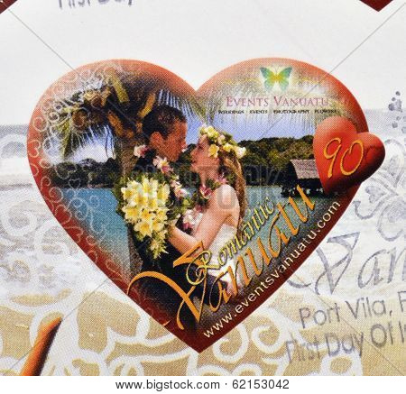 Stamp printed in Vanuatu dedicated to romantic Vanuatu