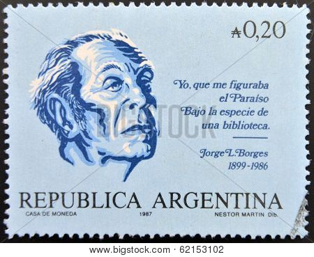A stamp printed in argentina shows Jorge Luis Borges