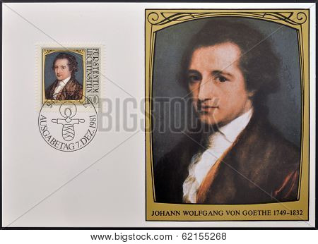 stamp dedicated to portraits of famous visitors to Liechtenstein shows Johann Wolfgang von Goethe