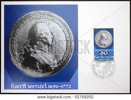 stamp dedicated to coin and medals shows Prince Josef Wenzel of Liechtenstein