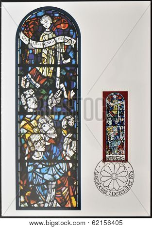 Stamp dedicated to Chruch Windows of Triesenberg shows Adoration of the Shepherds