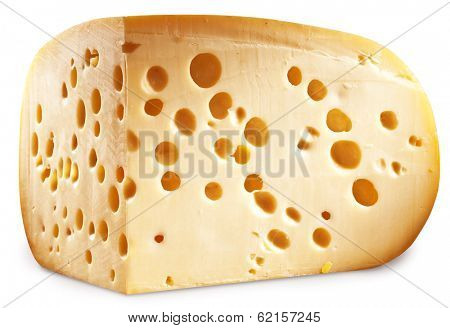 Quarter of Emmental cheese head isolated on a white background. Clipping paths.