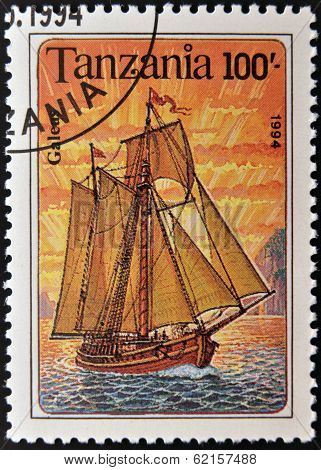 A stamp printed in Tanzania shows image of a ship galeas