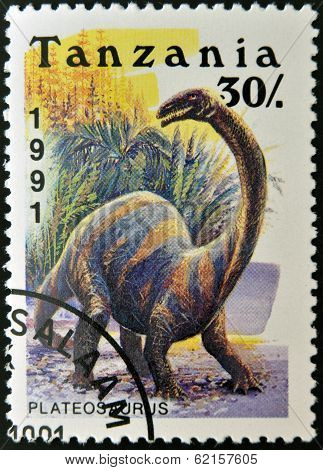 a stamp printed in Tanzania shows dinosaur Plateosaurus