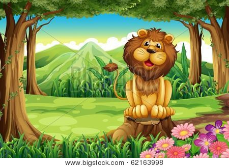 Illustration of a smiling king lion above the stump