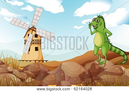 Illustration of a smiling lizard across the wooden barnhouse with a windmill