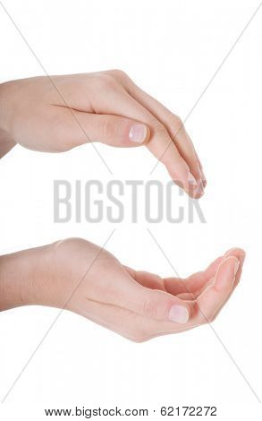 Female's hands in a roung shape. Isolated on white. 