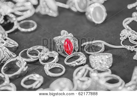 Silver Ring With Red Stones (ruby)