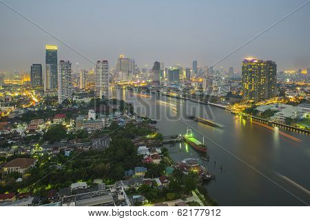 Bangkok City At Night Time, Hotel And Resident Area In The Capital Of Thailand