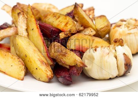 Oven Baked Potatoes, Beetroot, Celeriac And Garlic Bulbs