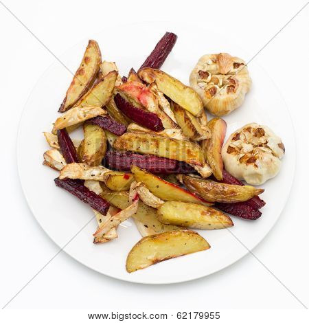 Oven Baked Potatoes, Beetroot, Celeriac And Garlic Bulbs