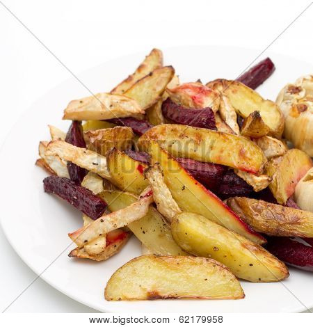 Oven Baked Potatoes, Beetroot, Celeriac And Garlic Bulbs