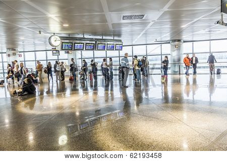 Passenger In Madrids Airport Barajas Are Waiting For The Delayed Flight