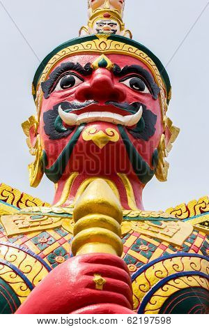 Face Of Red Demon Guardian At Thai Temple In Malaysia