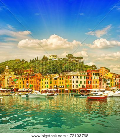 Beautiful Sunset In Portofino Village On Ligurian Coast, Italy