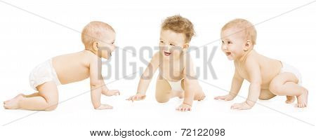 Baby Group Crawling In Diaper, Toddler Children Happy Smiling, Infant Kids Isolated Over White Backg