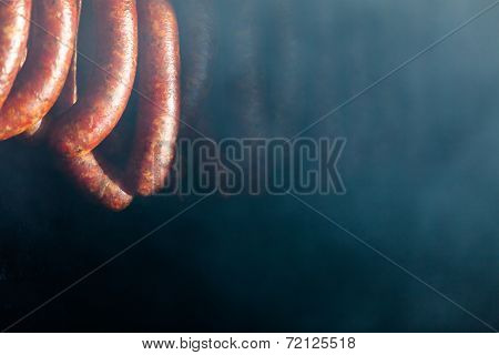 Traditional Food. Smoked Sausuages In Smokehouse.