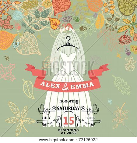 Bridal shower invitation.Bridal retro dress,autumn leaves