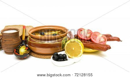 Hodgepodge Soup And Other Food On A White Background