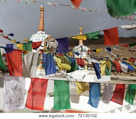 Prayer Flags With Stupas - Kunzum La Pass - Himachal Pradesh - India
