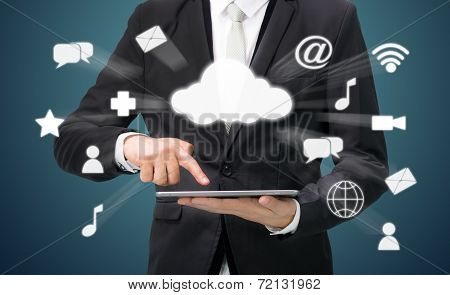 Businessman Hand Holding Tablet Cloud Connectivity