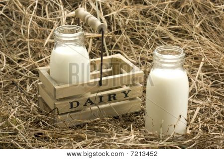 Fresh milk from dairy on haystack